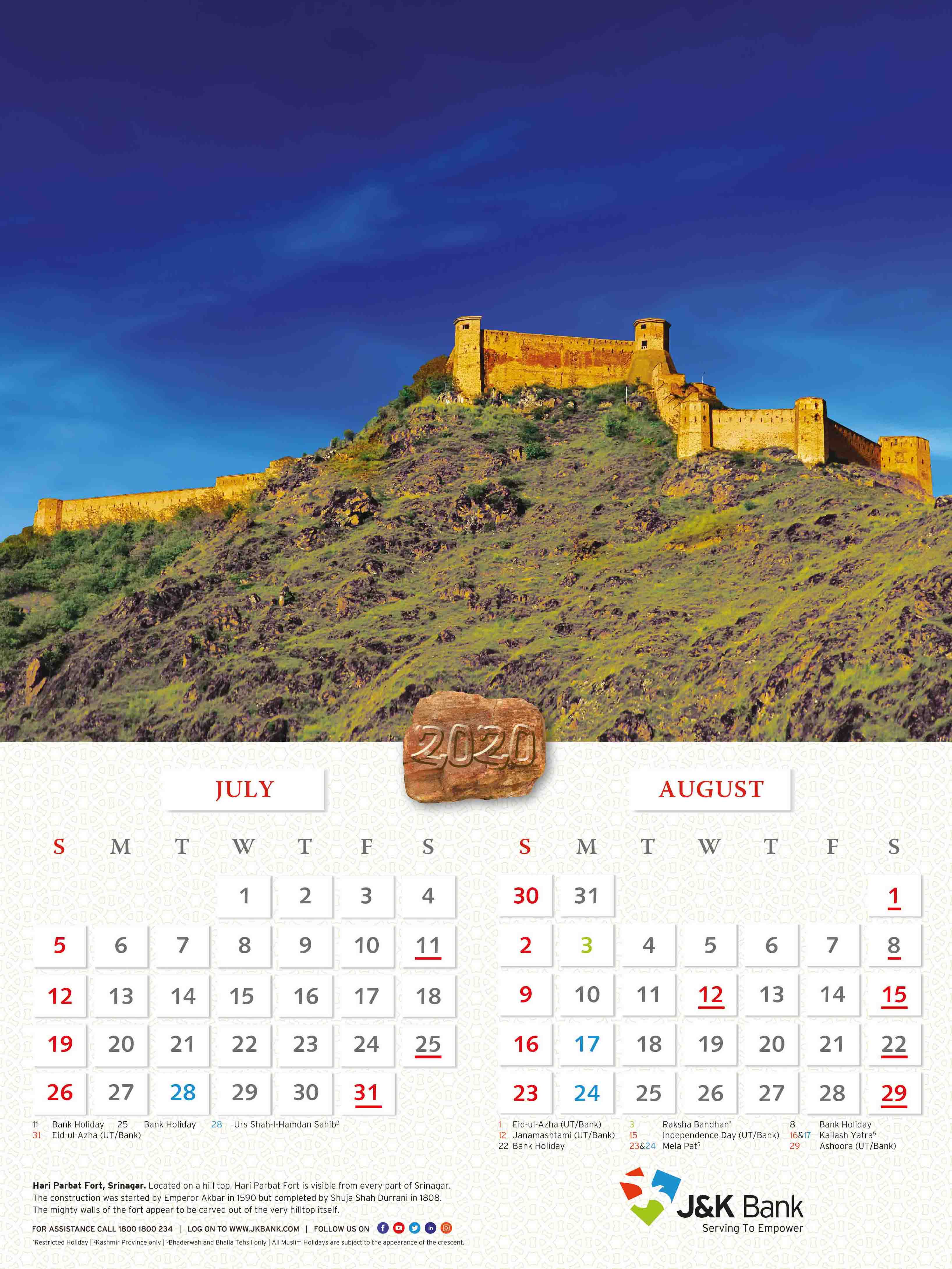 Wall Calendar Jammu and Kashmir J&K Bank