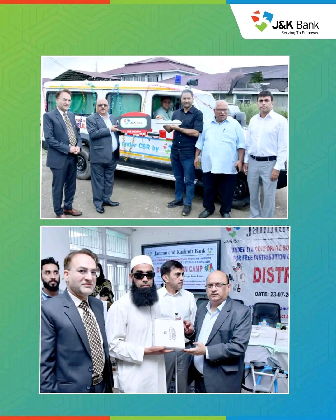 J&K Bank reinforces social commitment through key CSR interventions  Executive Director Sudhir Gupta presides over Project SAMARTH mega camp, hands over dedicated transport vehicle to CRC Srinagar